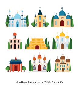 Set of churches buildings different religion vector flat illustration. Vector temples of world religion set