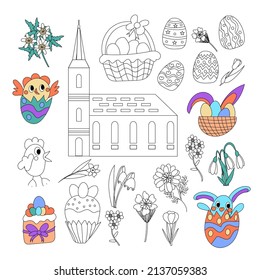 Set  of churches, chicken, bunny, spring flowers, basket with eggs,  Easter cake and painted eggs in black and white outline. Vector illustration in doodle style. Coloring book for children and adults