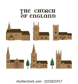 Set of churches of England. Vector cartoon illustration. 