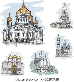 Set of churches in Moscow, Russia: Christ the Savior Cathedral, Church of Ascension in Kolomenskoye, Assumption Cathedral and Ivan the Great Belltower in Kremlin, Cathedral at Novodevichy Convent.