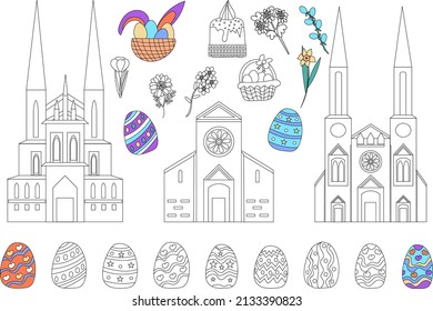 Conjunto de iglesias, flores de primavera, cesta con huevos, torta de Pascua y huevos pintados con contorno blanco y negro. Ilustración vectorial en estilo doodle. Libro de coloración para niños y adultos