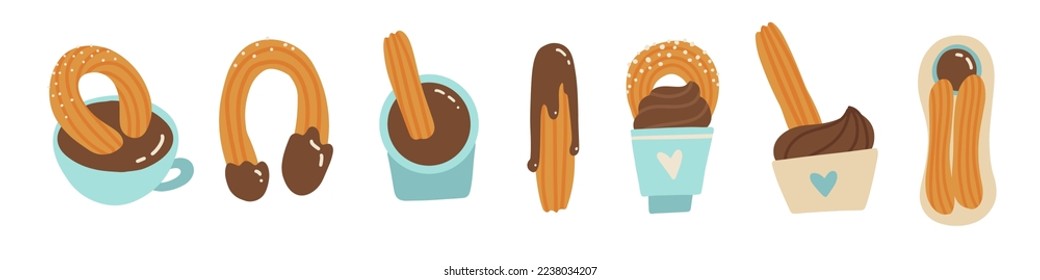 Set of churros with chocolate sauce. Tradition Spanish, Portuguese or Mexican dessert with choco topping. A pastry sweet snack on a dish, chocolate dip in a bowl and cup. Vector food illustration.