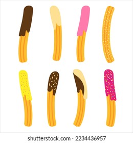 Set of churros with different toppings. Mexican snack. Hand drawn vector illustration. Churros sticks, different shapes on white.