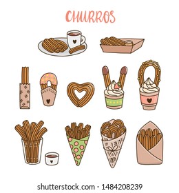 Set of churros, different ways of cooking and serving churros. Churros (or churro) is a traditional Spanish dessert. It can be used for menu, sign, banner, poster, etc.