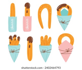 Conjunto de churros en bolsas de papel. Colección de churros mexicanos. Ilustración vectorial en estilo plano dibujado a mano.