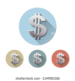 Set of Cifrao currency symbol on colored circle flat icons, isolated on white. Dollar symbol with two vertical lines Sign monetary unit. Financial, business and investment concept. Vector illustration