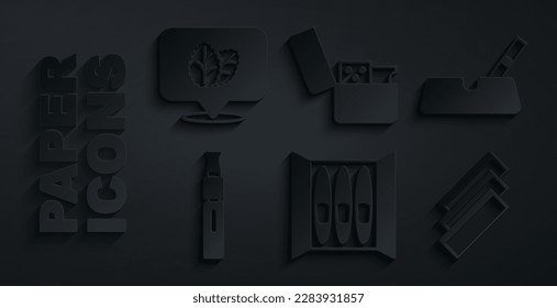 Set Cigar, Ashtray mit Zigarette, Elektronische, Zigarettenrollpapier, Feuerzeug und Tabakblatt Symbol. Vektorgrafik