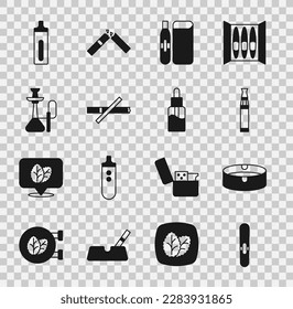 Indique el icono de la botella de cigarrillos, ceniceros, cigarrillos electrónicos, No fumar, Hookah y Vape líquido. Vector