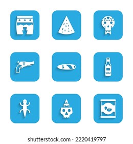 Set Cigar, Burning candle on skull, Beans, Tabasco sauce, Lizard, Revolver gun, Mexican and Huehuetl icon. Vector