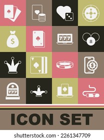 Set Cigar, Online poker table game, Lottery ball on bingo card, Game dice, Playing with spades, Money bag, Deck of playing cards and slot machine jackpot icon. Vector