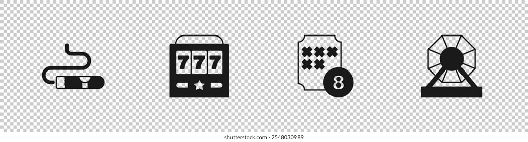 Set Cigar, Slot machine with jackpot, Lottery ball on bingo card and  icon. Vector