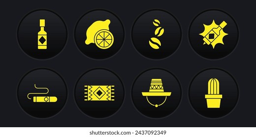 Set Cigar, Tabasco sauce, Mexican carpet, sombrero, Coffee beans, Lemon, Cactus or succulent in pot and  icon. Vector