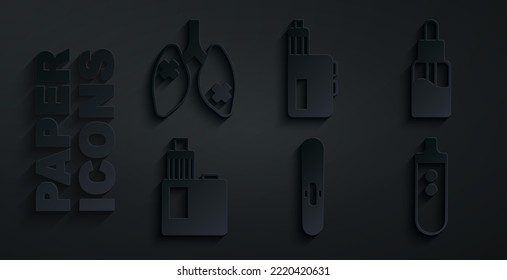 Set Cigar, Vape liquid bottle, mod device, Electronic cigarette,  and Disease lungs icon. Vector