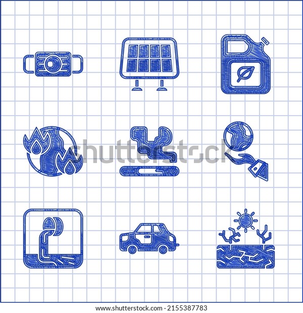 Set Cigarette, Car, Drought, Hands holding\
Earth globe, Wastewater, Global warming fire, Bio fuel canister and\
Medical protective mask icon.\
Vector