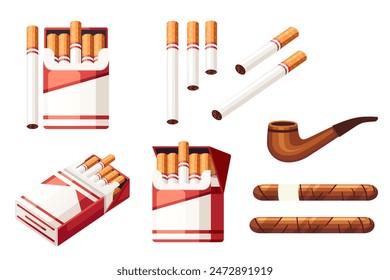 Set of Cigarette in cardboard box with wooden smoking pipe and cigar vector illustration isolated on white background