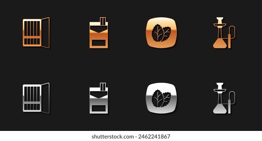Set Cigarette case, Cigarettes pack box, Tobacco leaf and Hookah icon. Vector
