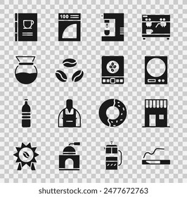 Set Cigarette, Coffee shop, Electronic scales, machine, beans, Pour over coffee maker, book and  icon. Vector