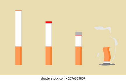 Ajuste las diferentes etapas de la quema de cigarrillos en el fondo marrón diseño de icono de vector plano.