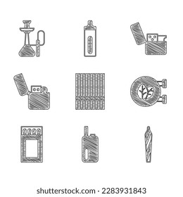 Zigarettenset, elektronische Zigarette, Marijuana-Gelenk, Splint, Tabakblatt-Shop, Matchbox und Streichhölzer, Lighter und Hookah-Symbol. Vektorgrafik