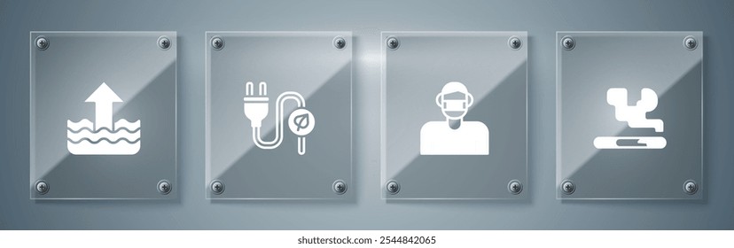 Cigarrillo, cara en máscara protectora, ahorro eléctrico de la hoja del enchufe y subir el nivel del agua. Paneles de vidrio cuadrados. Vector