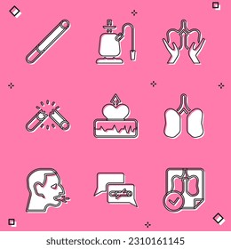 Set Cigarette, Hookah, Lungs, Broken cigarette, Heartbeat increase, Man coughing and No smoking icon. Vector