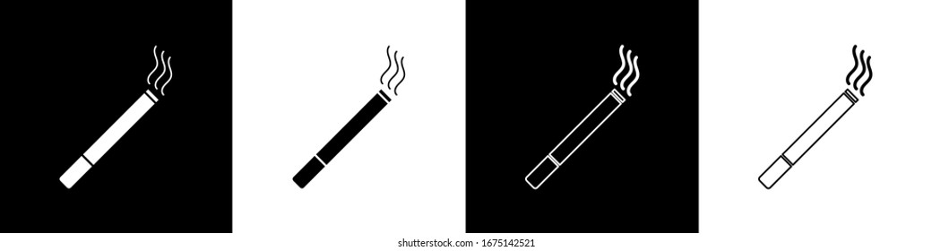 Set Cigarette icon isolated on black and white background. Tobacco sign. Smoking symbol.  Vector Illustration