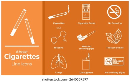 A set of cigarette icons in line art style. Features elements 
such as cigarette sticks, cigarette packs, no smoking signs, 
nicotine, smoke, cigarette butts, and more. Minimalist vector design, 
idea