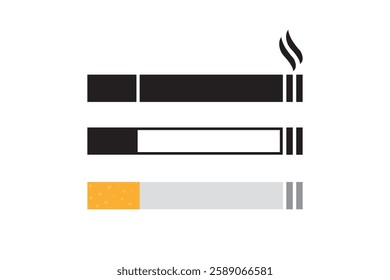 Set of cigarette icons. Cigarette signs and black silhouette icons or pictogram template. Bad addiction, tobacco and nicotine product. unhealthy lifestyle. No smoking. flat vector illustration