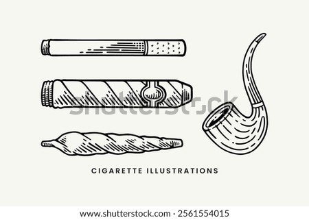 set of cigarette, marijuana weed, smoke pipe line art style vector. engraving of cigarette, marijuana weed, smoke pipe illustration collection. element design of cigarette, marijuana weed, smoke pipe