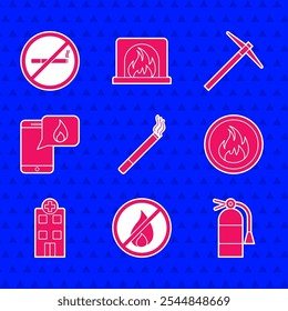 Set Cigarette, No fire, Fire extinguisher, flame, Medical hospital building, Phone with emergency call 911, Pickaxe and Smoking icon. Vector