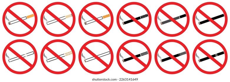 Set of Cigarette Prohibition. Each is isolated on white background. different type of Cigarettes collection.