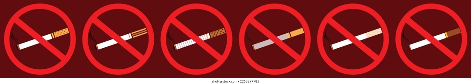 Set of Cigarette Prohibition. Each is isolated on white background. different type of Cigarettes collection.