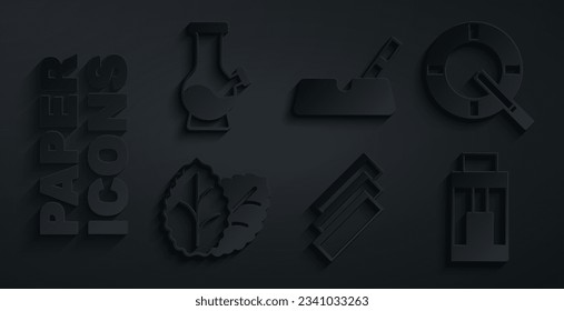 Set Cigarette rolling papers, Ashtray with cigarette, Tobacco leaf, Vape mod device,  and Bong icon. Vector