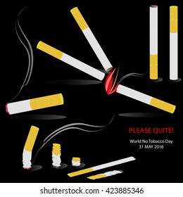 A set of cigarette with smoke and fire on black background. May 31st World No Tobacco Day. vector. illustration.