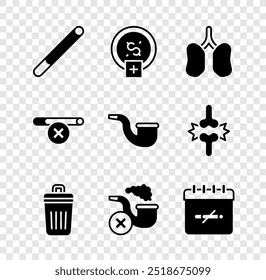 Set Cigarette, Stop smoking, money saving, Lungs, Trash can, Smoking pipe with smoke, No days,  and  icon. Vector