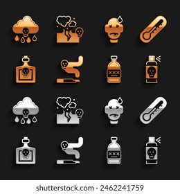 Set Cigarette, Thermometer, Spray against insects, Poisoned alcohol, Bottle with potion, Man poisoning, Acid rain and Poisonous cloud of gas or smoke icon. Vector