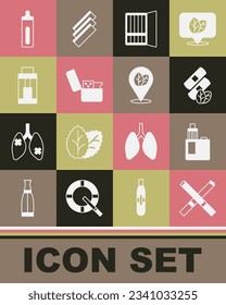 Zigarettenset, Vape-Mod-Gerät, medizinische Nikotinpflaster, Gehäuse, Feuerzeug, elektronische Zigarette und Tabakblatt-Icon. Vektorgrafik