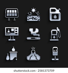 Set Cigarette, Volcano eruption with lava, Trash, Petrol or gas station, Full dustbin, Television report, Canister for gasoline and Solar energy panel icon. Vector