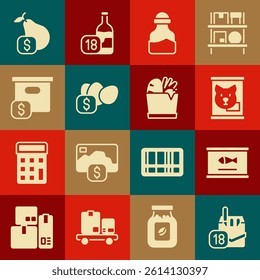 Set Cigarettes pack box, Canned fish, food, Spice in can, Price tag for egg, Carton cardboard with price, pear and Shopping bag and icon. Vector