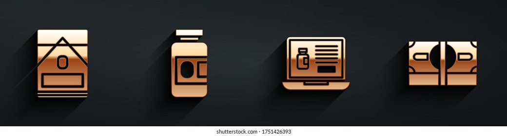 Set Zigaretten Packbox, Arzneimittel Flasche und Pillen, kaufen Medikamente online auf Laptop und Stacks Papier Geld Symbol mit langen Schatten. Vektorgrafik