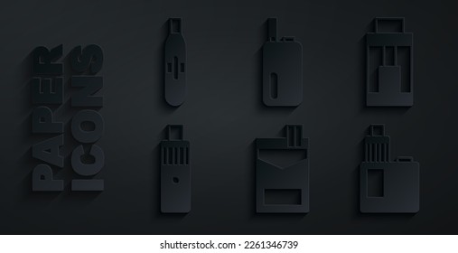 Set Cigarettes pack box, Vape mod device, Electronic cigarette and  icon. Vector