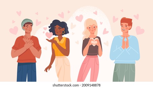 Set of cincere diverse multiracial grateful smiling people saying thank you. Male and female characters surrounded by hearts icons. Flat cartoon vector illustration