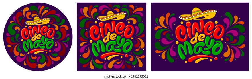 Set of Cinco de Mayo cards or stickers templates for mexico independence celebration with lettering calligraphy Cinco de Mayo. Decorated with sombrero and colorful ornament. Vector illustration. 