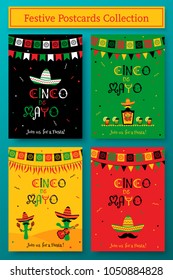 Set of cinco de mayo event promo template. Festive vector illustration collection with sombrero and bunting, tequila bottle, cocktails and mariachi band for national mexican holiday on cinco de mayo.