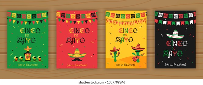 Set of cinco de mayo event promo template. Festive vector illustration collection with sombrero and bunting, tequila bottle, cocktails and mariachi band for national mexican holiday on cinco de mayo.