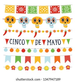 Set of  Cinco de Mayo holiday garlands with lights, bunting flags, ornamental skulls, flowers, jalapenos peppers. Collection of Mexican garden party decorations. Isolated vector objects. Flat design