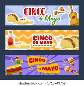 Set of cinco de mayo horizontal banners, mexican traditional fiesta. Vector