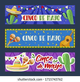 Set of cinco de mayo horizontal banners, mexican traditional fiesta. Vector