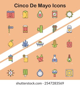 Set of Cinco de Mayo icons representing festive elements and celebrations ideal for cultural and holiday themes.