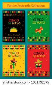 Set of cinco de mayo party poster template. Festive vector illustration with native pinata, taco and mariachi, cocktail face and garland flags for traditional Mexican celebration on cinco de mayo.